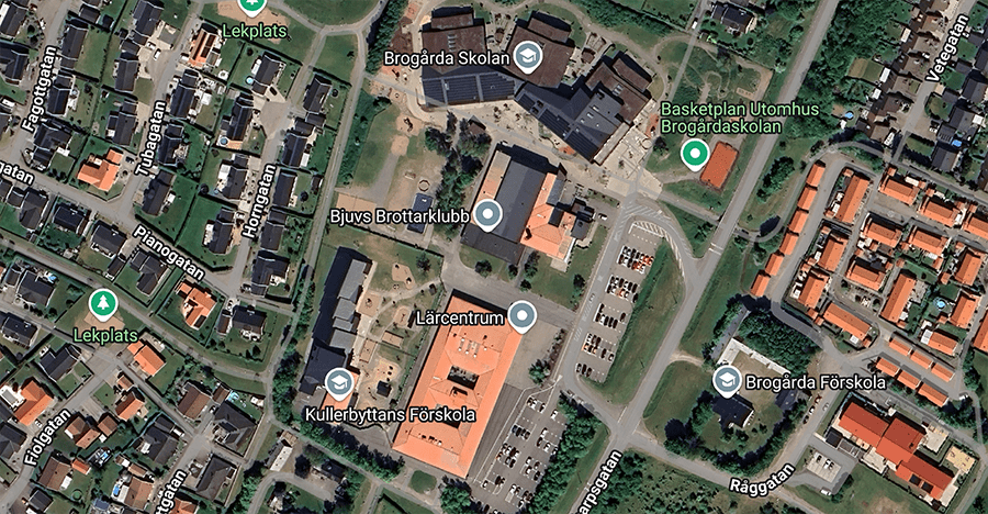 Google maps karta över området kring Lärcentrum, förskolan Kullerbyttan och Brogårdaskolan i Bjuv