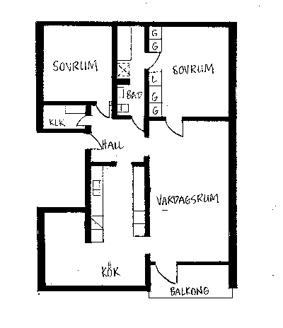 Planritning lägenhet med 3 rum och kök samt balkong