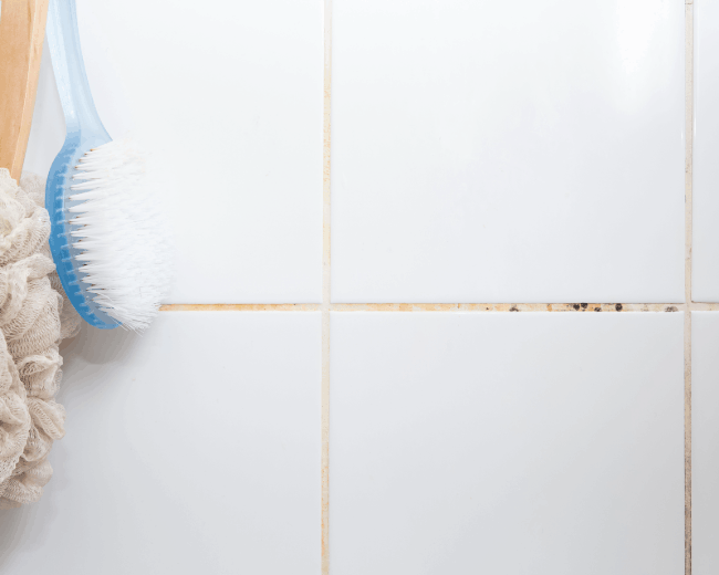 Mögelpåväxt i fog mellan kakelplattor i dusch