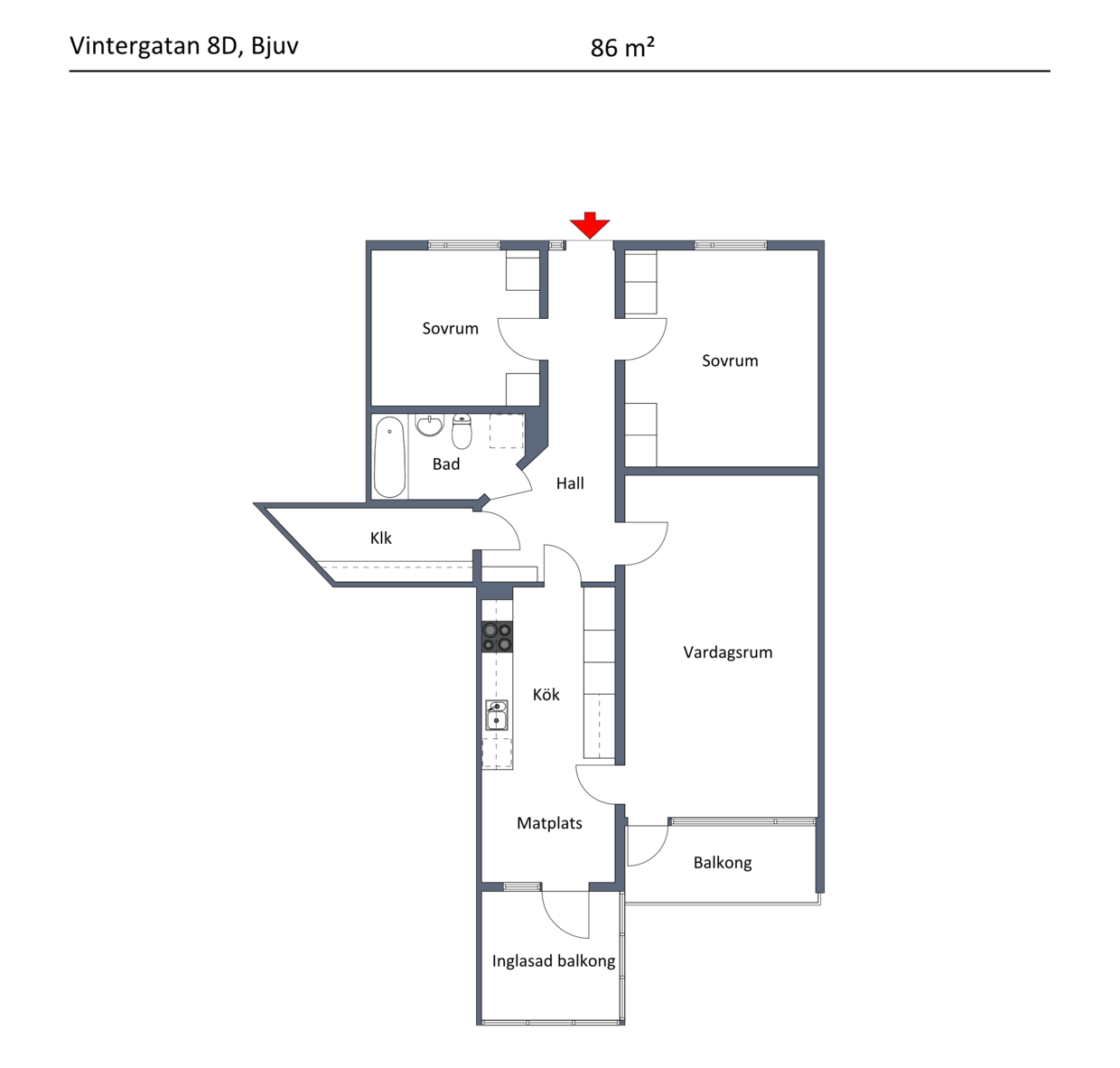 Planritning med 2 rum och kök samt klädkammare och dubbla balkonger