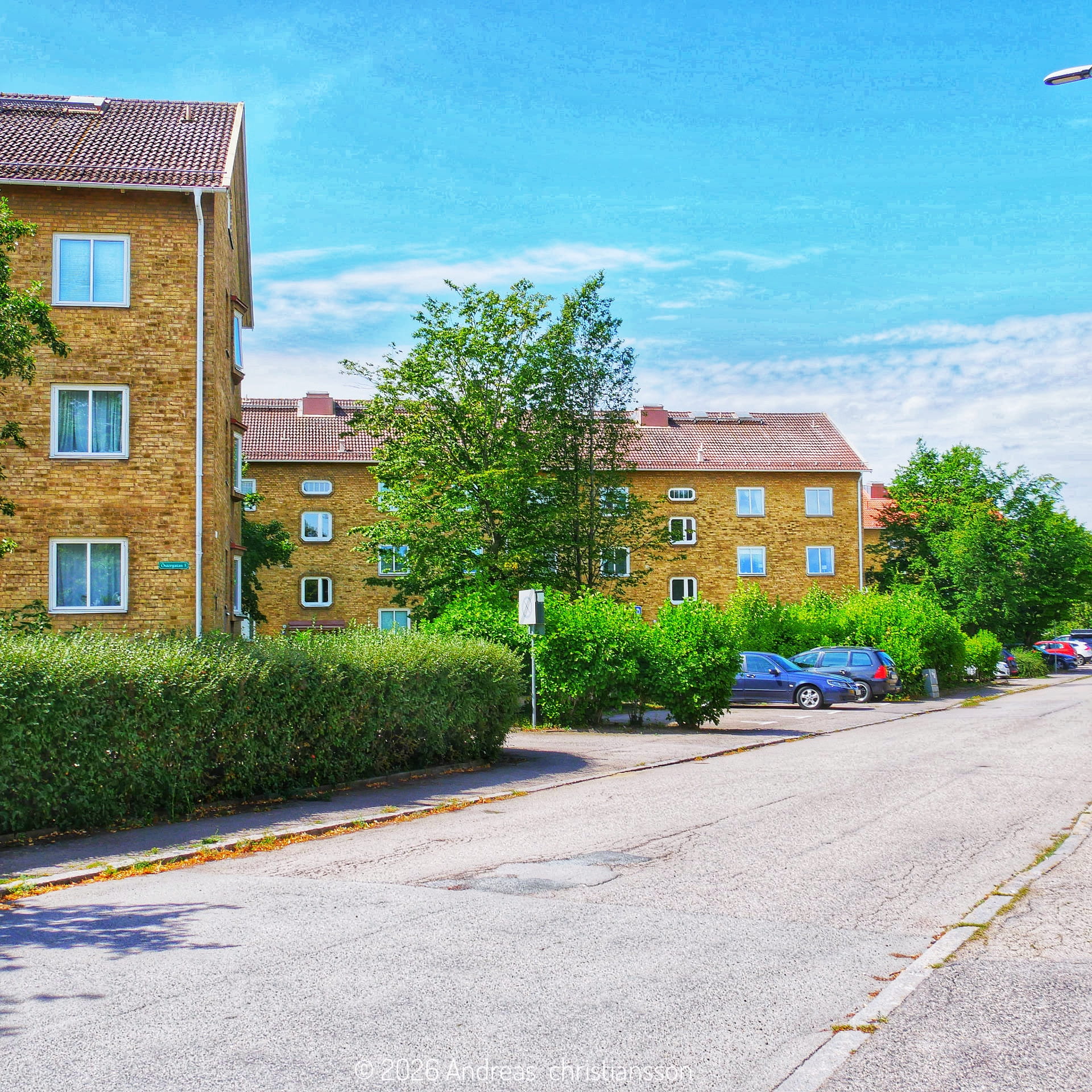 Gata med tegelhus, träd och grönska i bostadsområdet Bjuvshem.