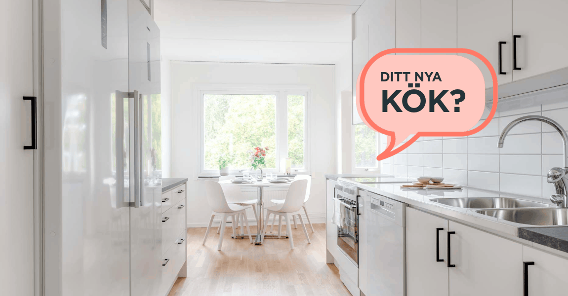 Ljust kök i en kampanjlägenhet på Årstiderna i Bjuv, med texten ”Ditt nya kök?” i en pratbubbla.